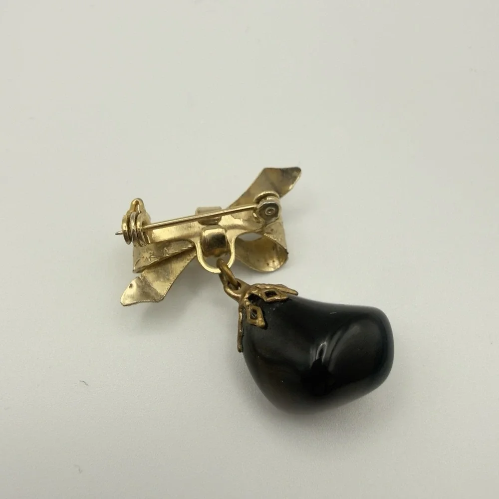 Vintage Gold Tone Bow Brooch Dangle Banded Agate Glass Drop Pin Celestial